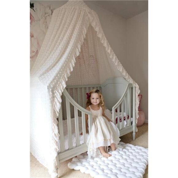 Elegant Kids Bed Canopy - Lace Chiffon Netting with Pom Pom, Princess Girls Tent - Picture 3 of 7